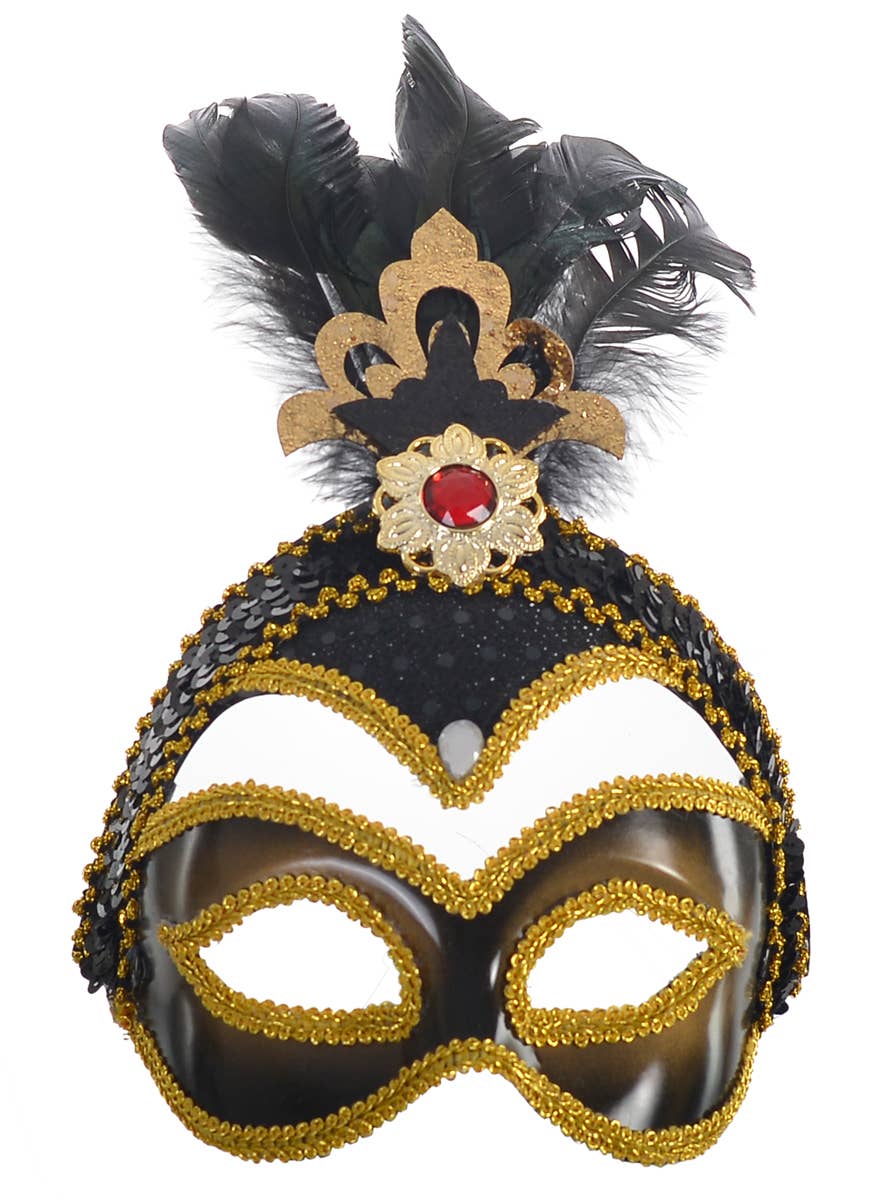 Image of Exquisite Black and Gold Masquerade Mask with Feathers - Main Image