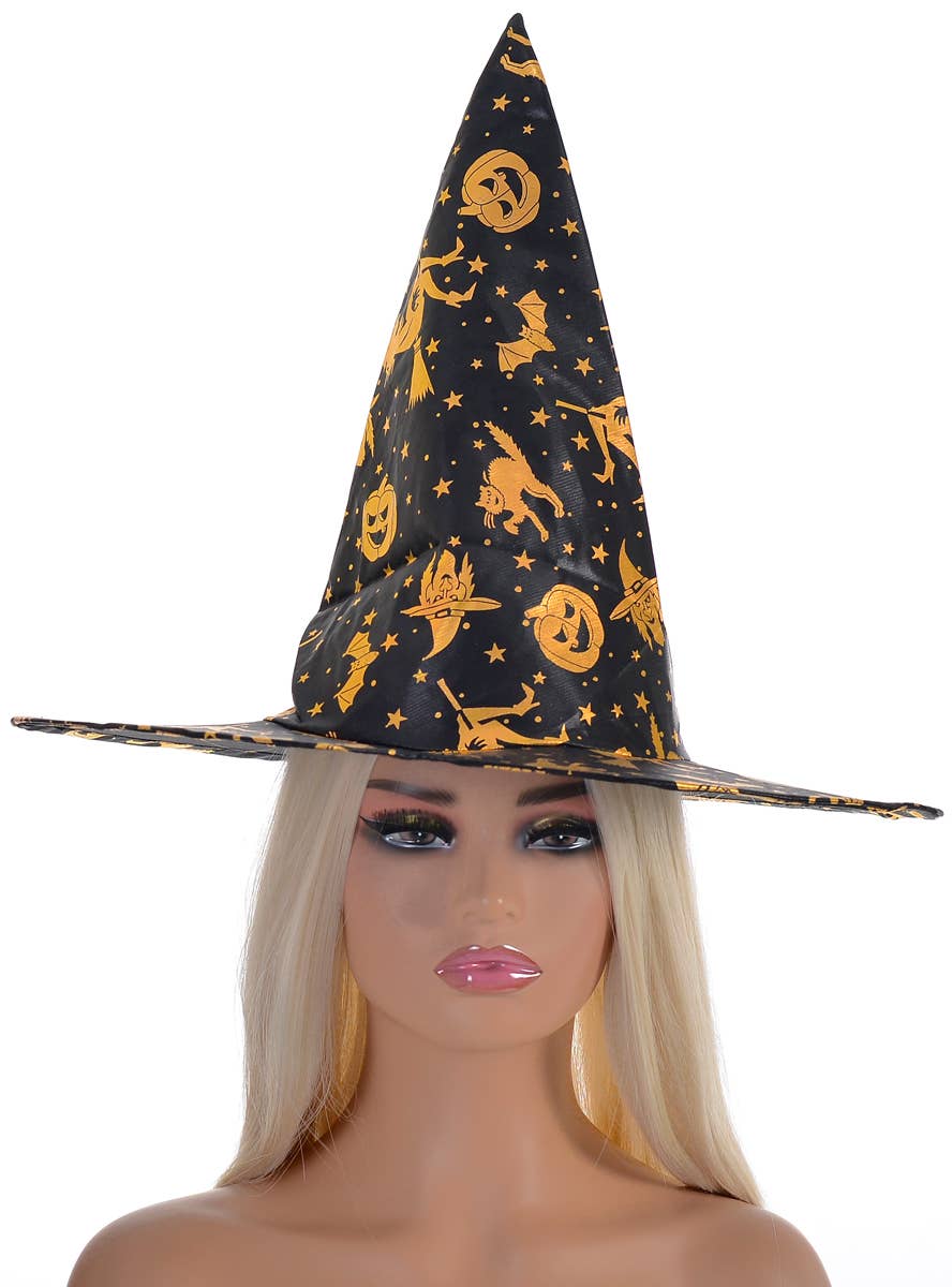 Image of Metallic Gold Halloween Theme Print Witch Hat