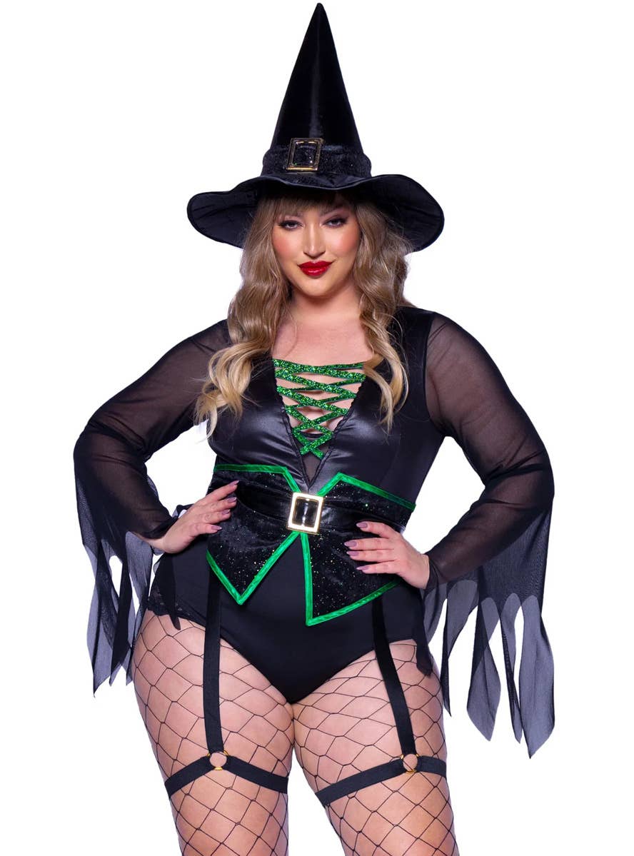 Image of Broomstick Babe Plus Size Women's Sexy Witch Costume - Close Front View 2