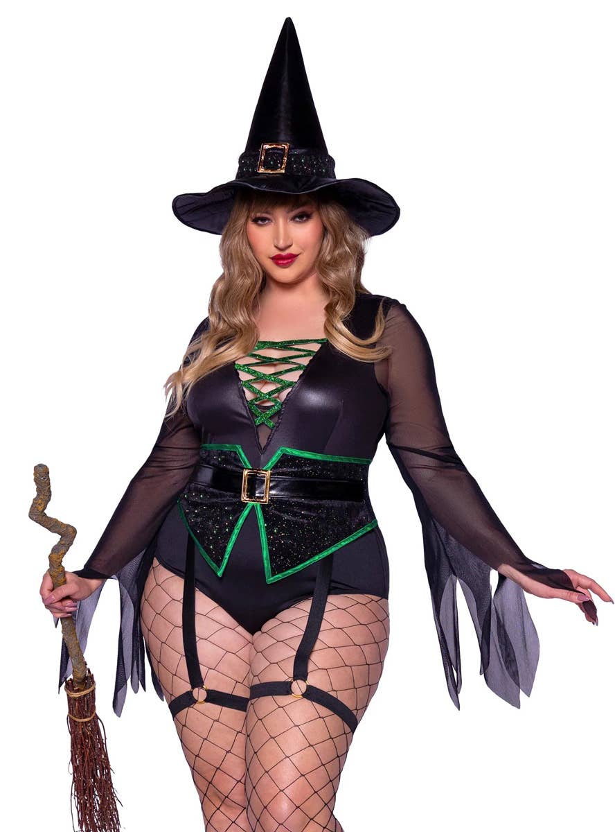 Image of Broomstick Babe Plus Size Women's Sexy Witch Costume - Close Front View 1