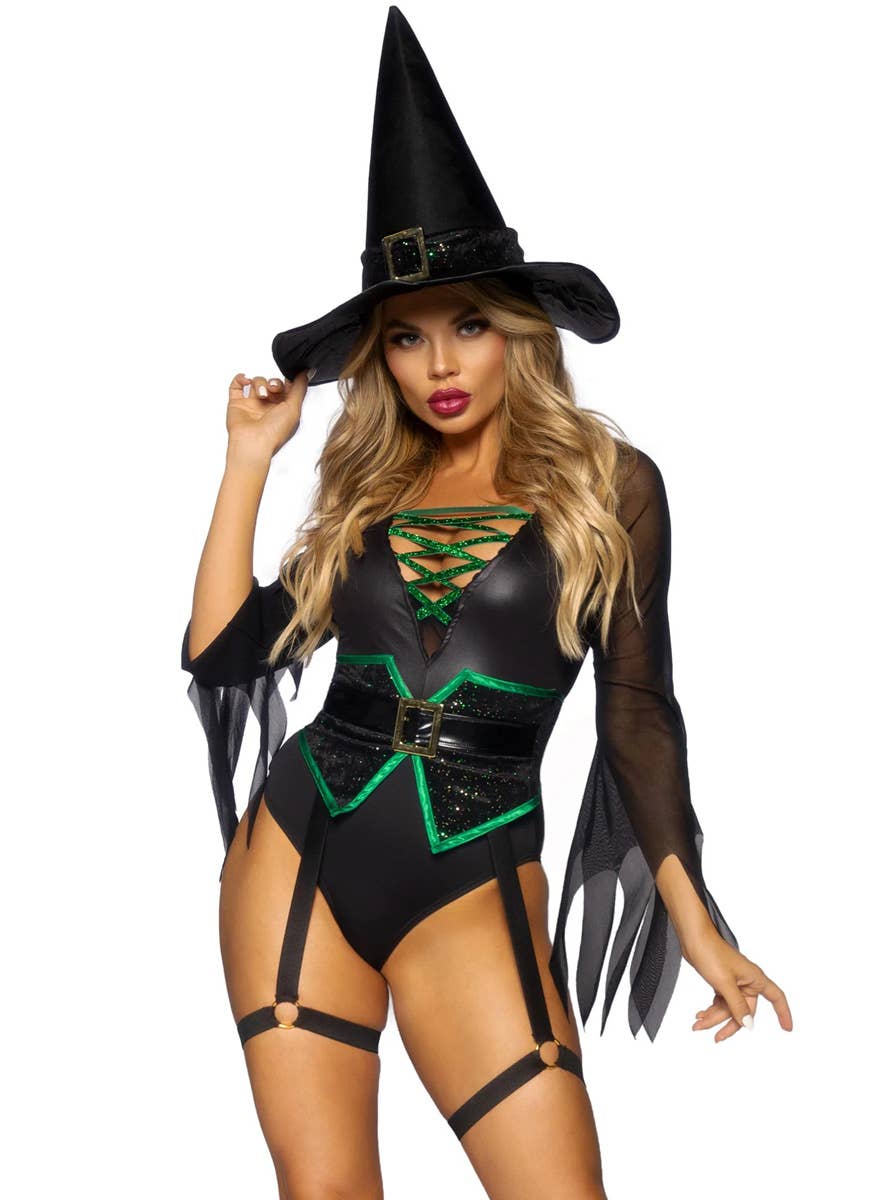 Image of Broomstick Babe Women's Sexy Witch Halloween Costume - Close Front View 2