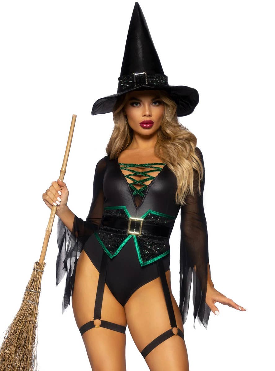 Image of Broomstick Babe Women's Sexy Witch Halloween Costume - Close Front View 1