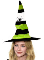 Black And Green Velvet Halloween Witch Hat with Hanging Spider