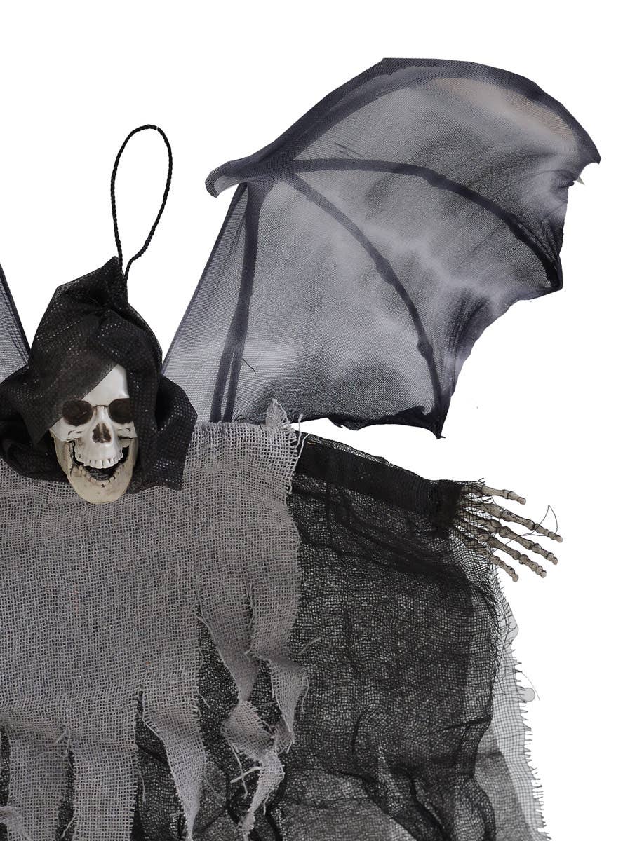 Image Of Halloween Decoration Small Grey Winged Reaper Hanging Halloween Decoration - Close Up Image