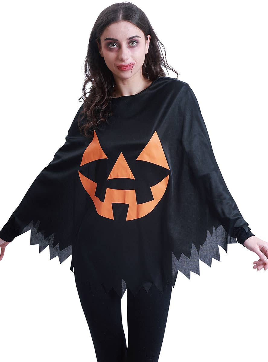 Image of Jack O Lantern Print Women's Halloween Costume Poncho - Close Image