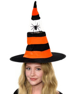 Neon Orange and Black Hanging Spider Velvet Halloween Witch Hat