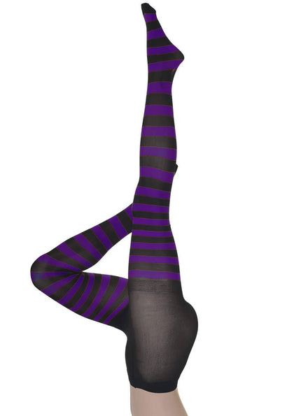 Image Of Full Length Black and Purple Striped Women's Stockings