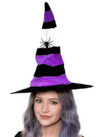Black And Purple Witch Hat With Creepy Spider Halloween Costume Accessory
