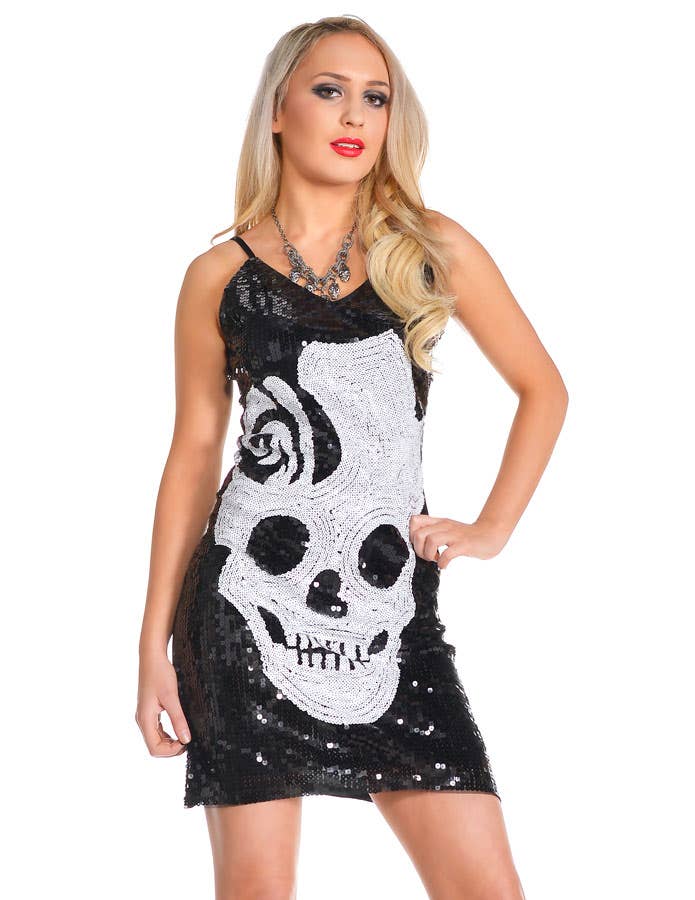 Black Sequinned Women's Halloween Costume Dress with Large White Skull Design - Close Up Image