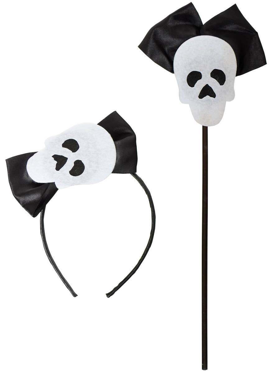 Image of Skeleton Girls Halloween Tutu Costume Accessory Set - Headband and Wand Close Image