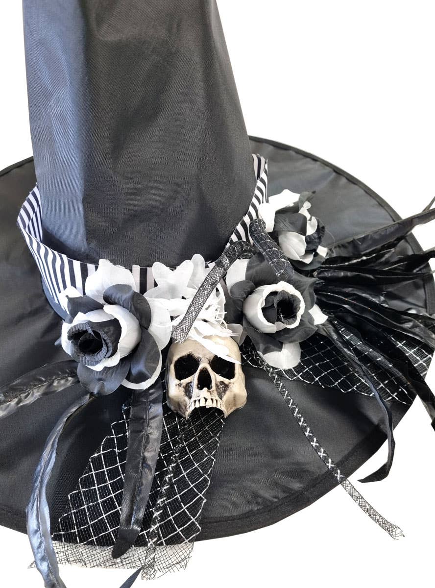 Image of Deluxe Black and White Skull Witch Hat Halloween Accessory - Close Image