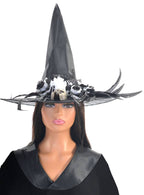 Image of Deluxe Black and White Skull Witch Hat Halloween Accessory - Main Image