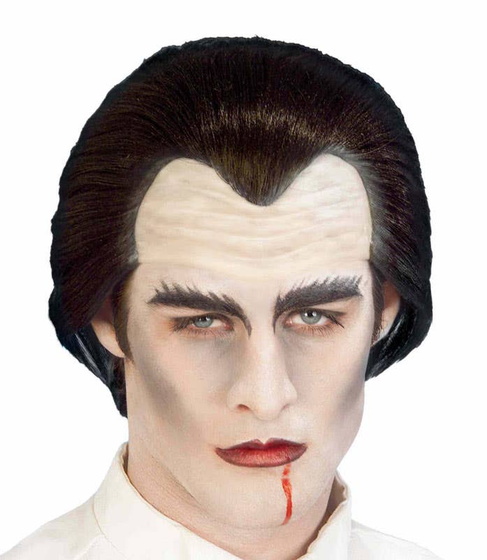 Men's Black Slicked Back V Front Vampire Halloween Costume Headpiece Close Up Image