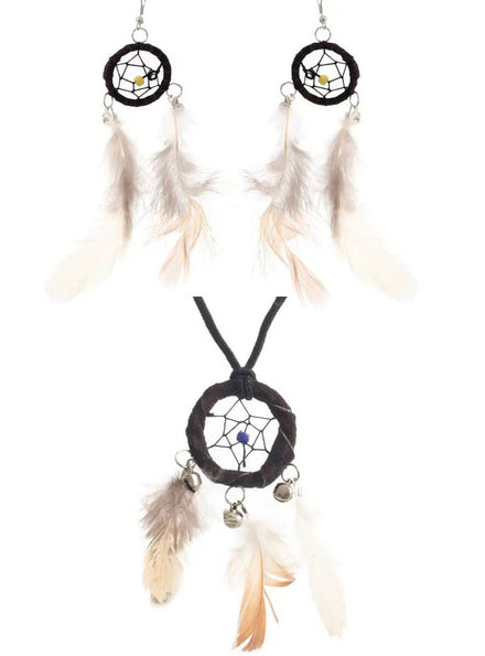 Image of Dream Catcher Black Feather Necklace and Earrings Set