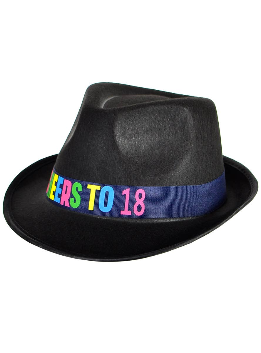 Image of Rainbow Cheers to 18 Black Fedora Costume Hat - Side View