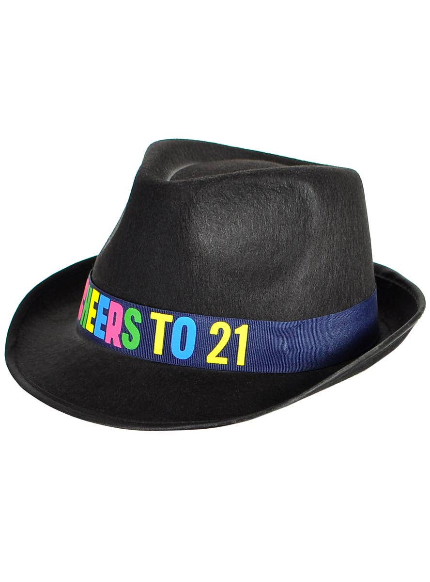 Image of Rainbow Cheers to 21 Black Fedora Costume Hat - Side View