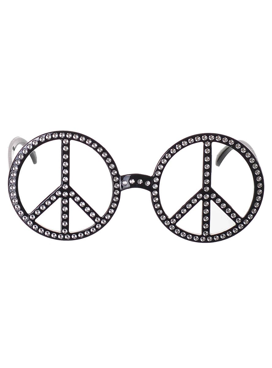 70s Black Peace Sign Hippie Glasses with Rhinestones