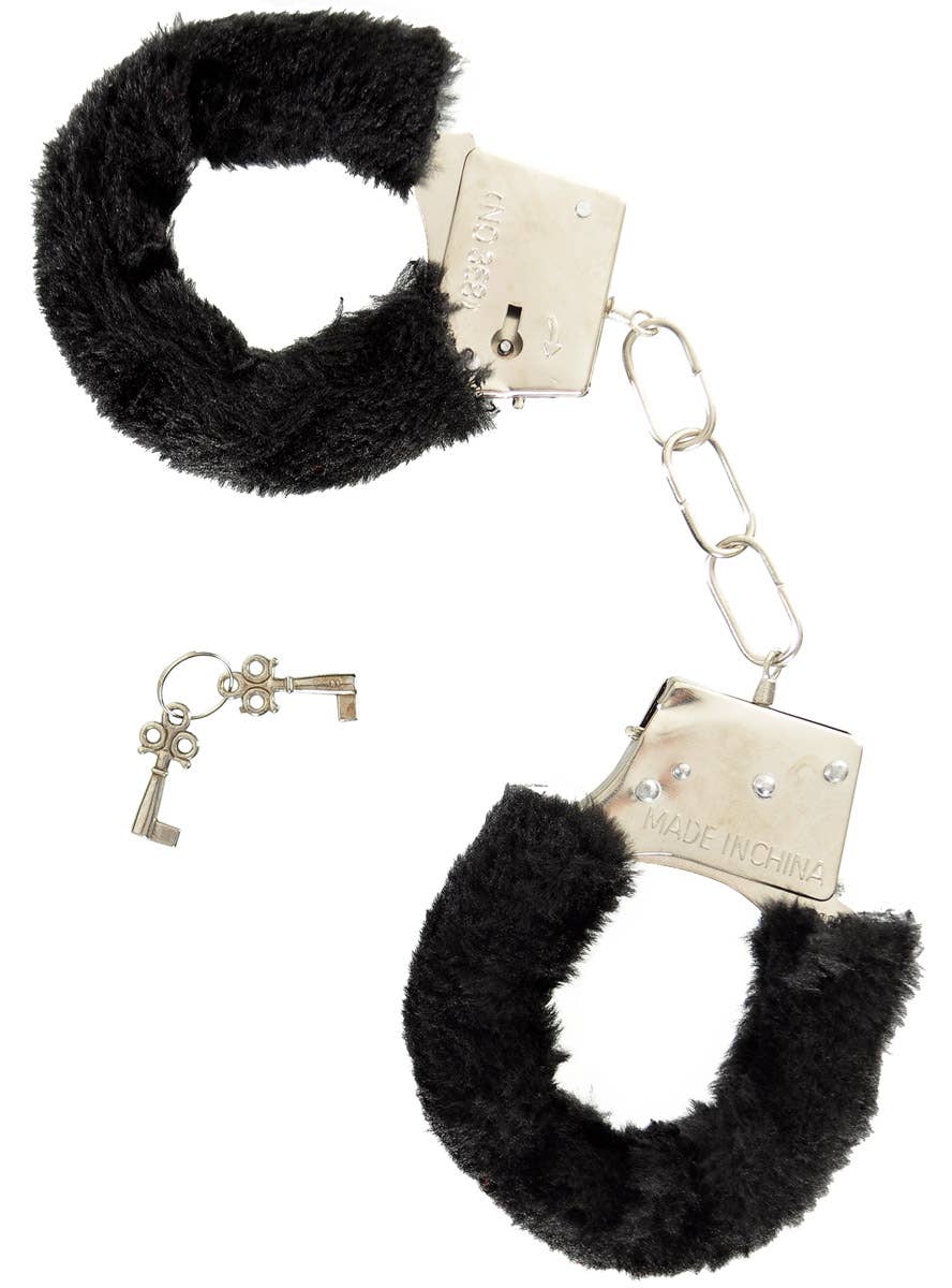 Image of Furry Black Novelty Silver Metal Handcuffs with Keys