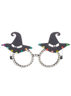 Image of Jewelled Black Glitter Witch Hat Halloween Costume Glasses