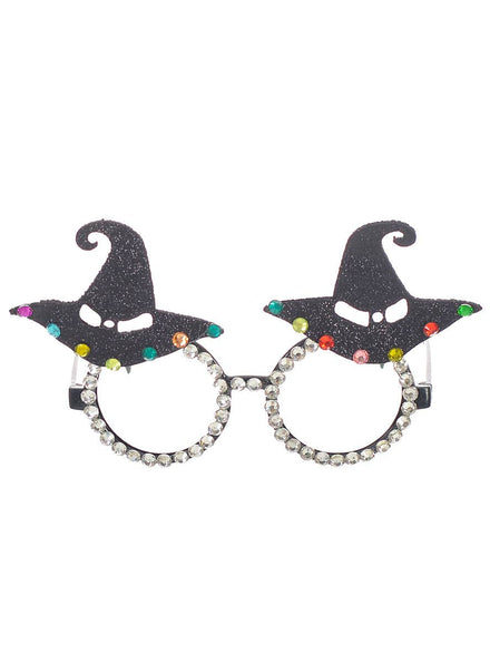 Image of Jewelled Black Glitter Witch Hat Halloween Costume Glasses