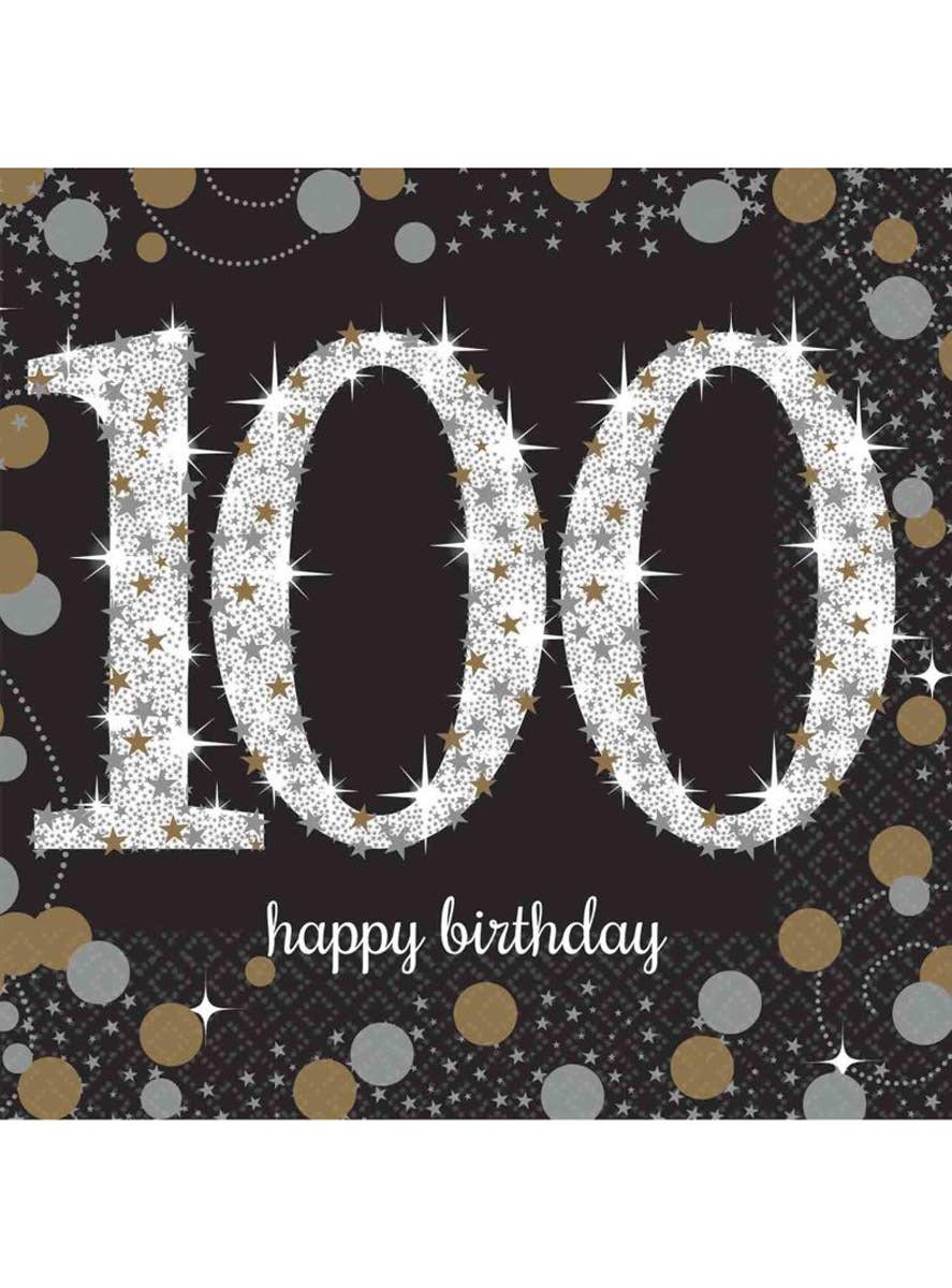 Image of 100th Birthday Black and Gold 16 Pack Beverage Napkins