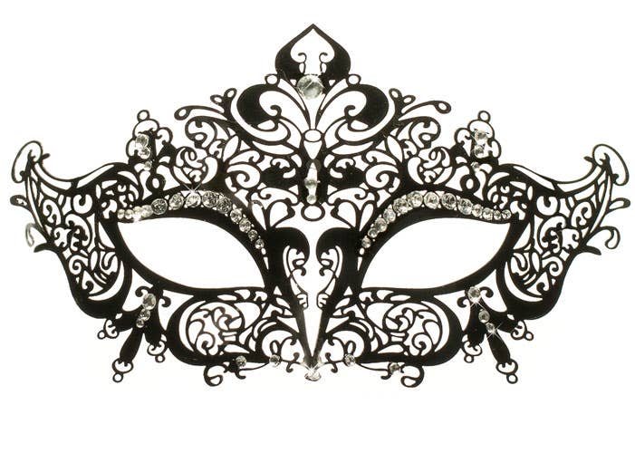 Women's Black Lacework Metal Masquerade Mask With Clear Rhinestones Alternative Image