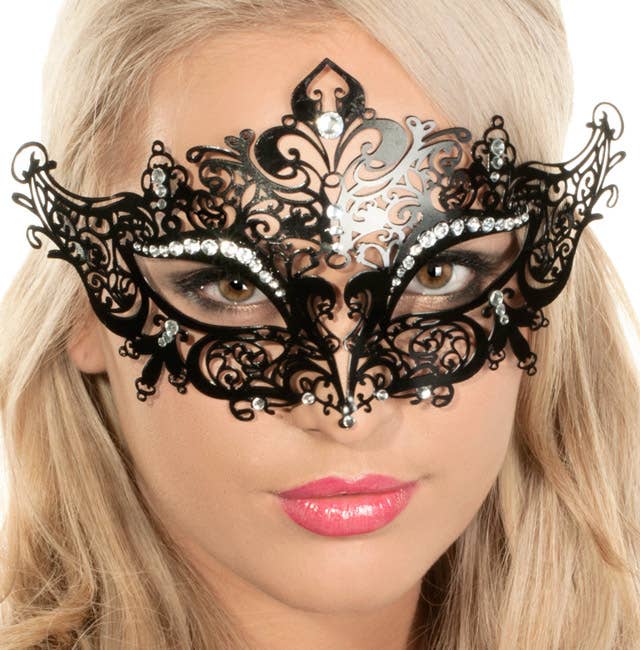 Women's Black Lacework Metal Masquerade Mask With Clear Rhinestones Close Up Image