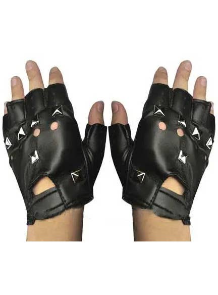 Black Fingerless Gloves Biker Leather Look Studded Costume Accessory