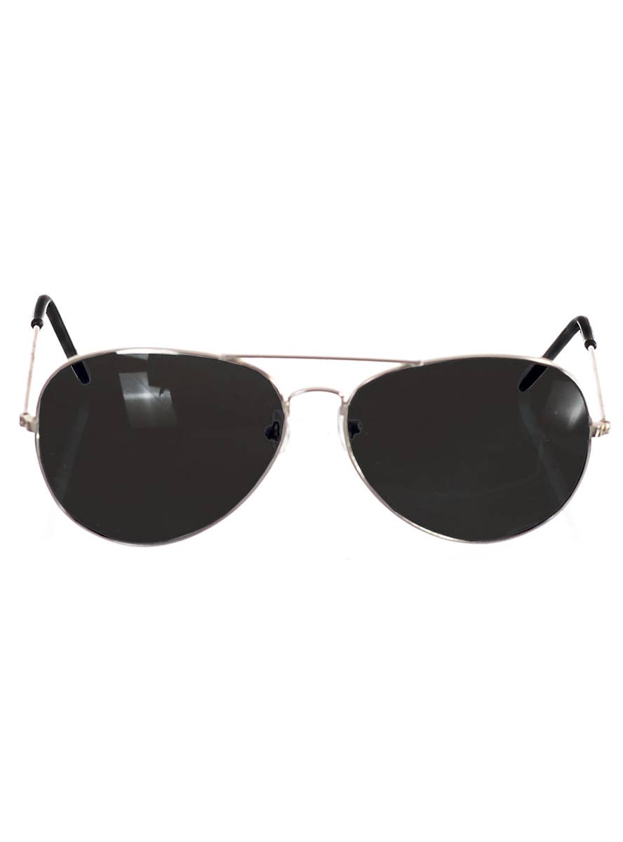 Image of Classic Black Aviator Costume Glasses with Silver Frames - Main Image