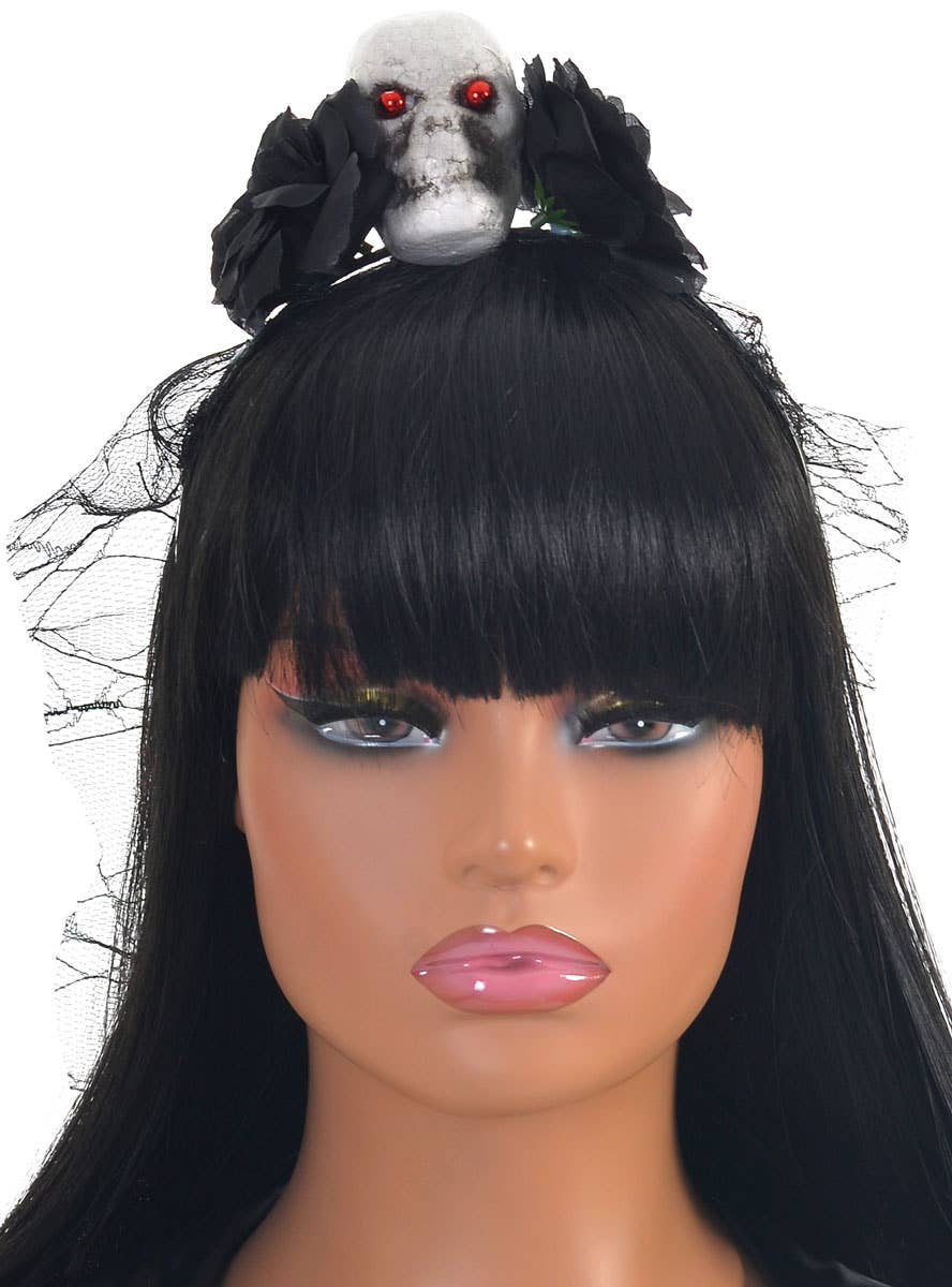 Image of Veiled Black Rose and Skull Halloween Costume Headband