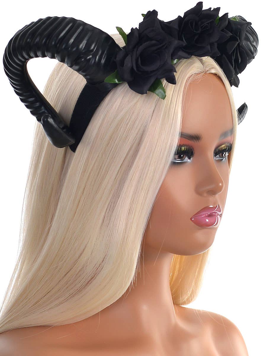 Image of Ram Horns with Black Roses Halloween Costume Headband - Side View