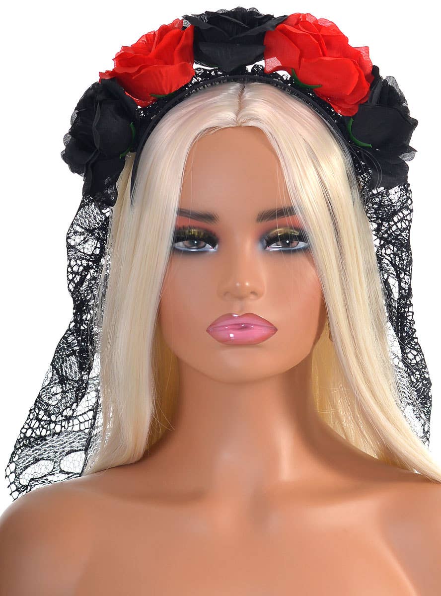 Image of Long Black Skull Lace Veil Costume Headband with Flowers