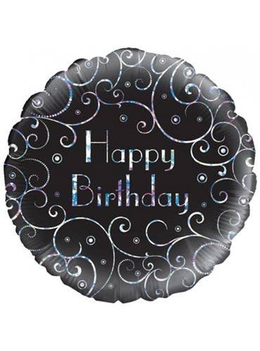 Image of Black Swirls Silver And Gold Happy Birthday Round 45cm Foil Balloon