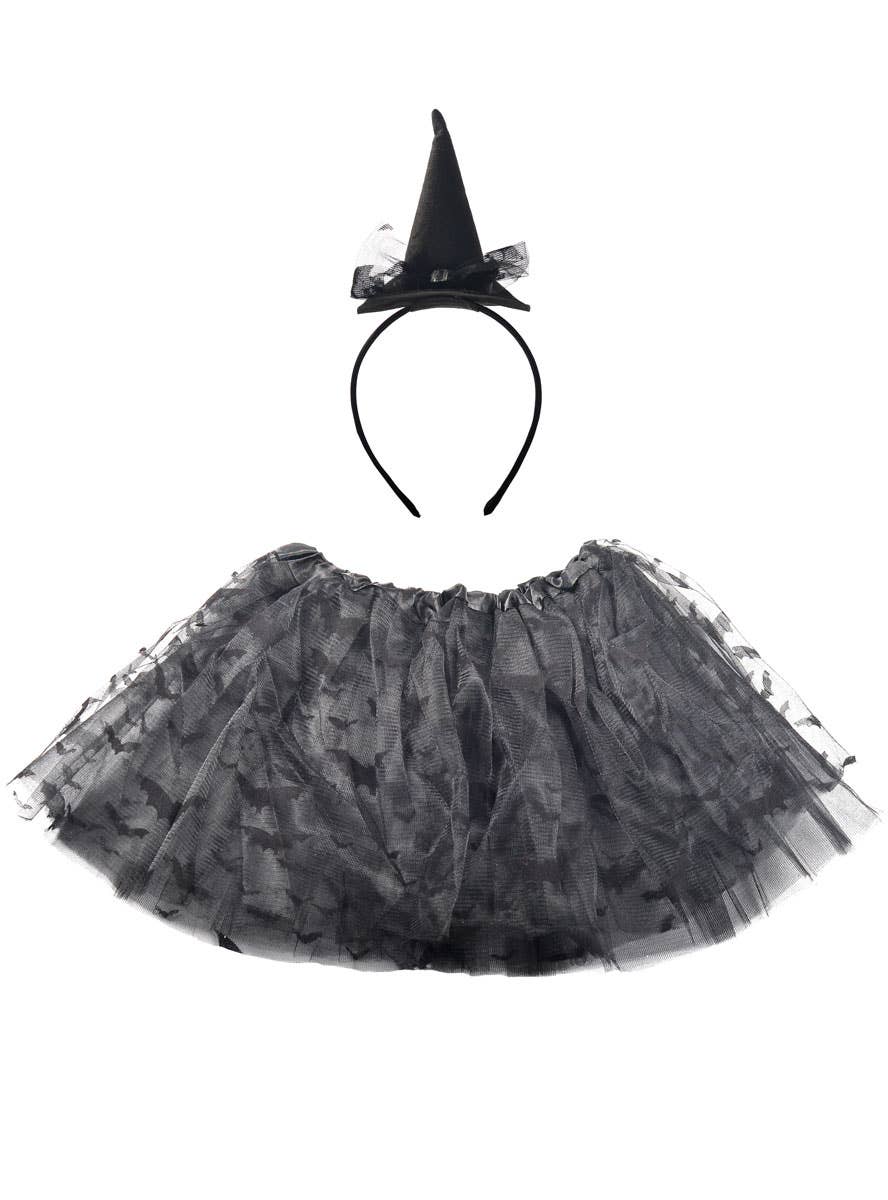 Image of Bat Black Girls Tutu and Mini Witch Hat Halloween Costume Set