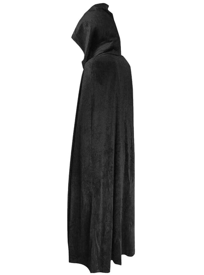 Image of Hooded Black Velvet Halloween Costume Cape - Side View