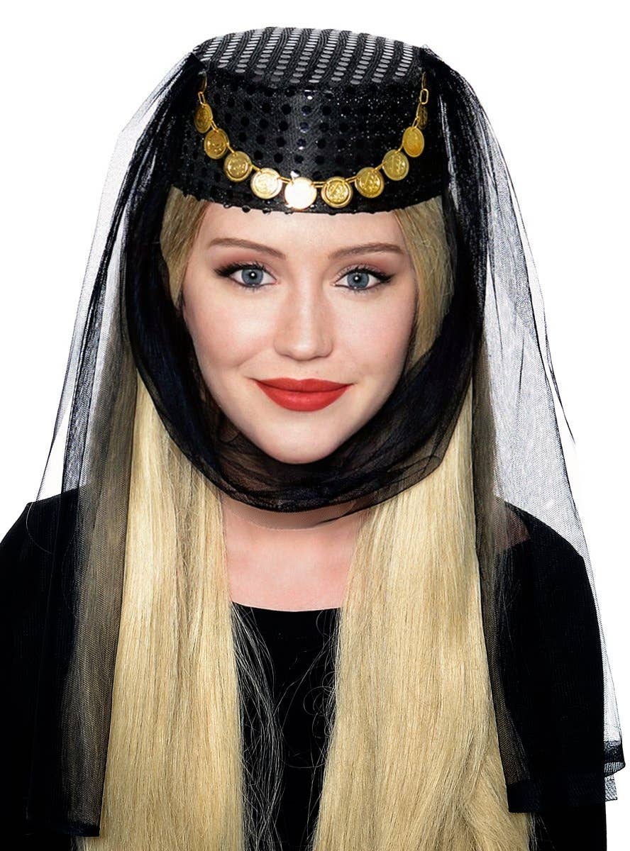 Black Veiled Arabian Harem Women's Pill Box Costume Accessory Hat