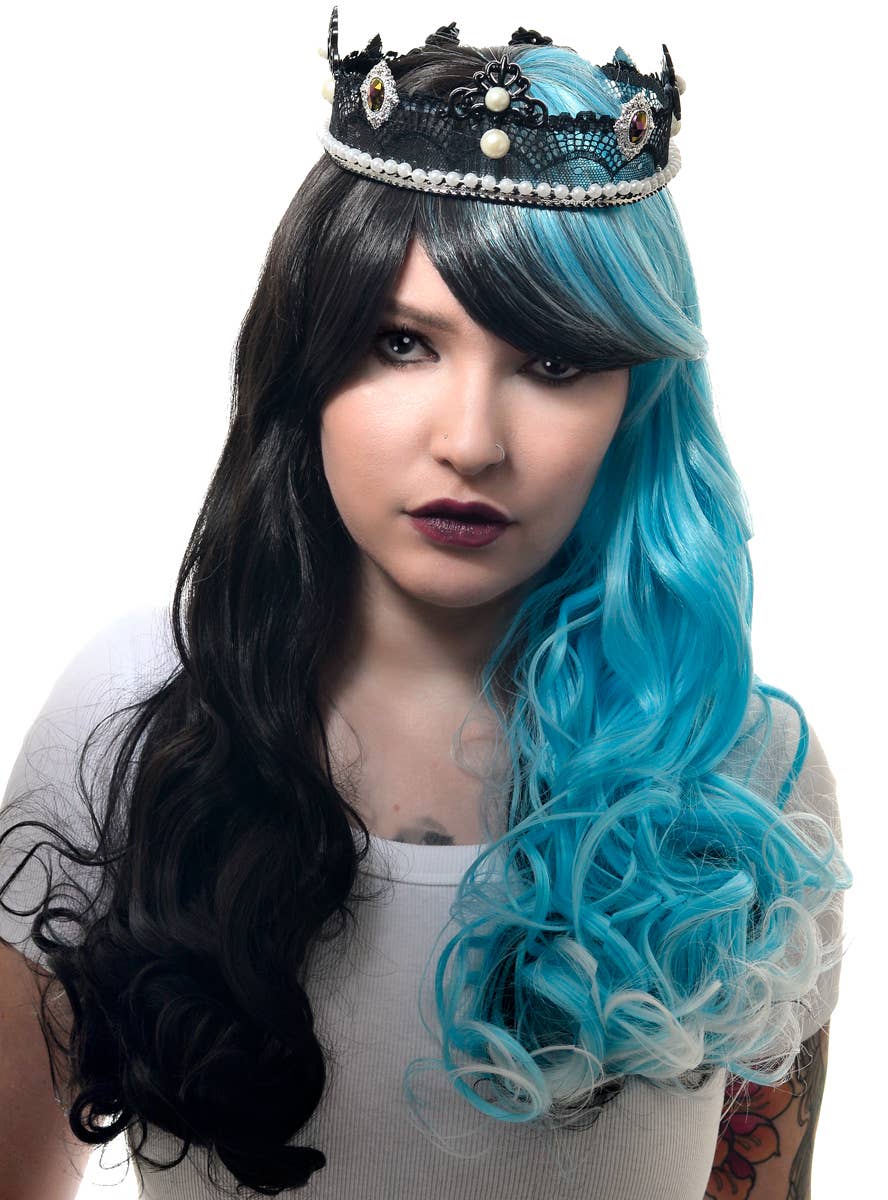 Image of Long Black and Blue Split Colour Women's Costume Wig - Alternate Front View 1