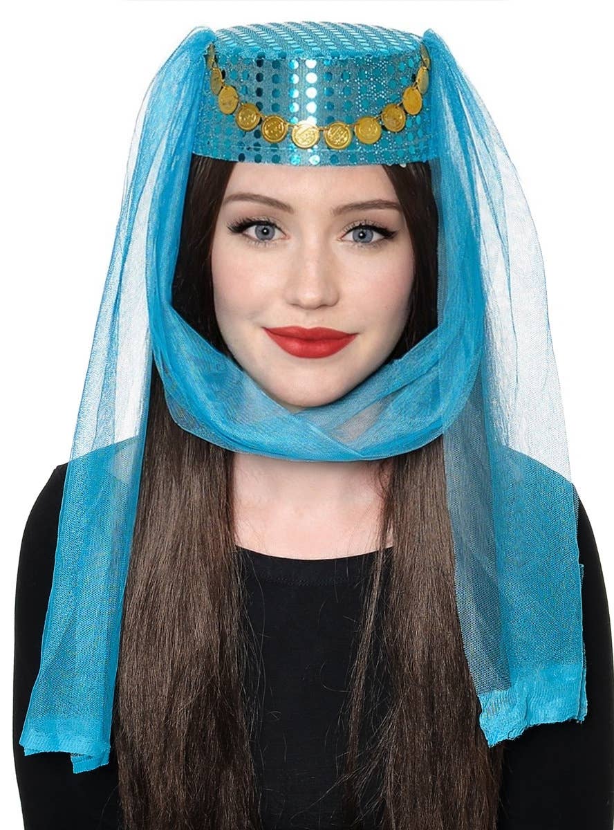 Image of Harem Women's Veiled Blue Pill Box Costume Hat - Main Image