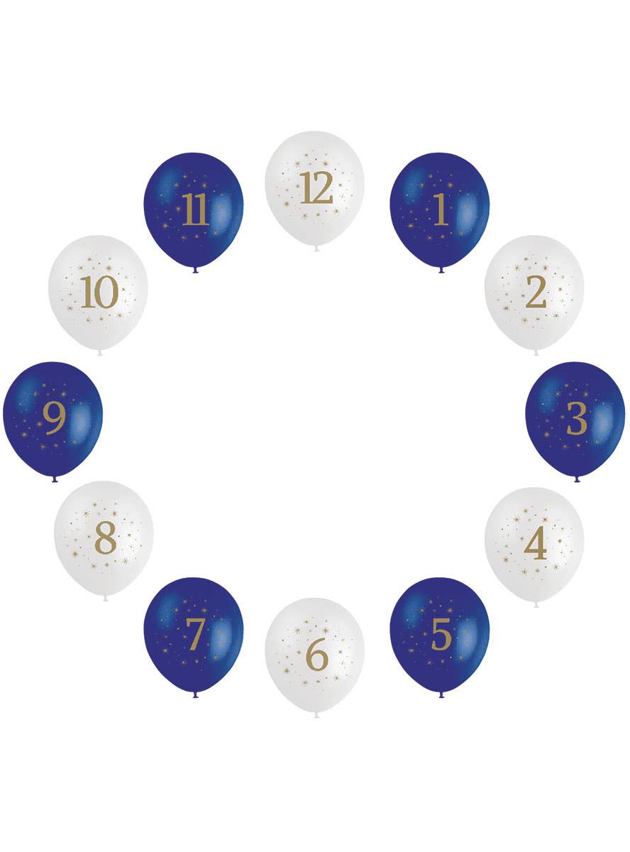 Image of New Year Countdown Blue and White 12 Pack Latex Balloons