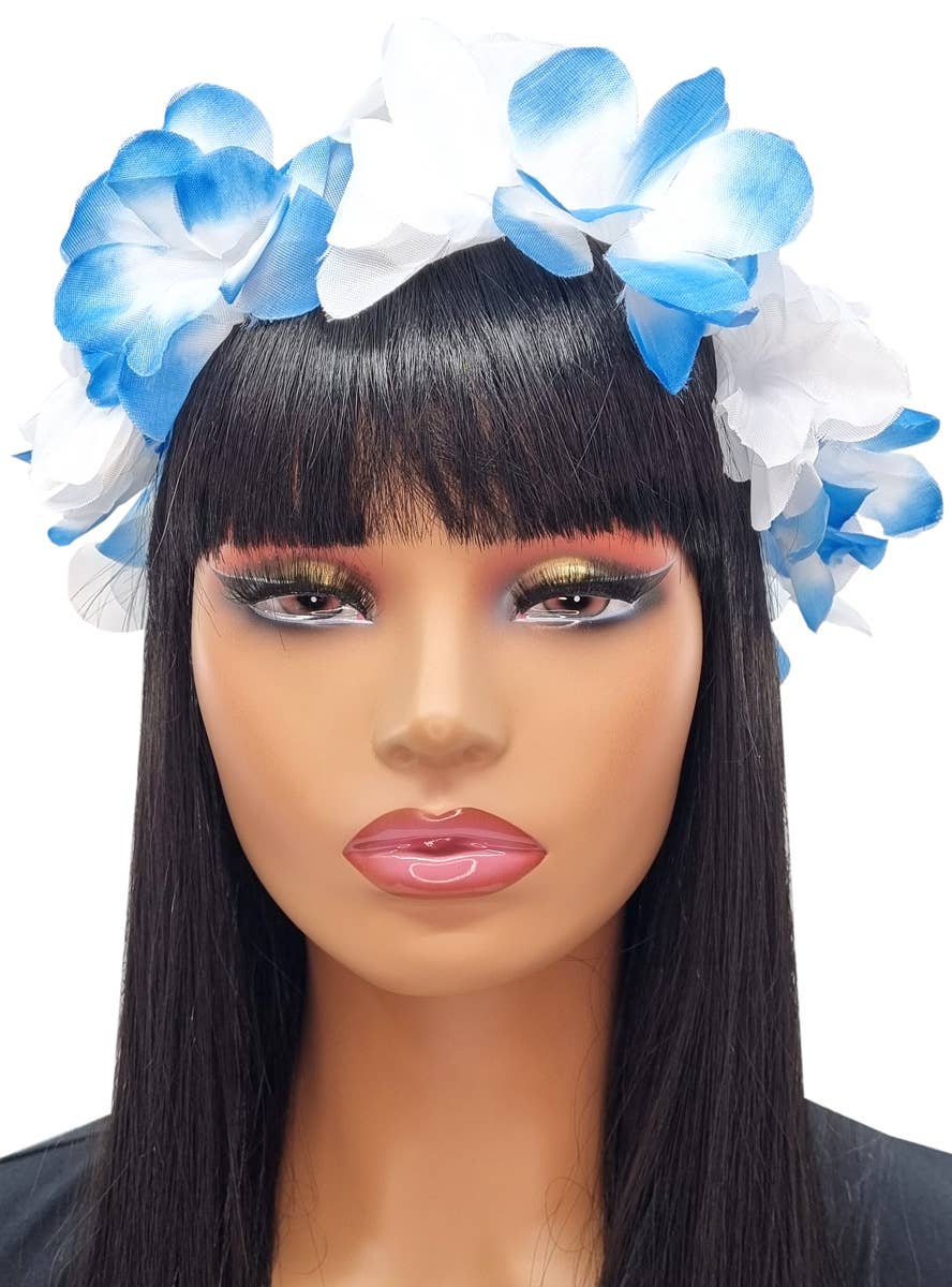 Image of Hawaiian Blue and White Flower Head and Wrist Band Set - Headband Image