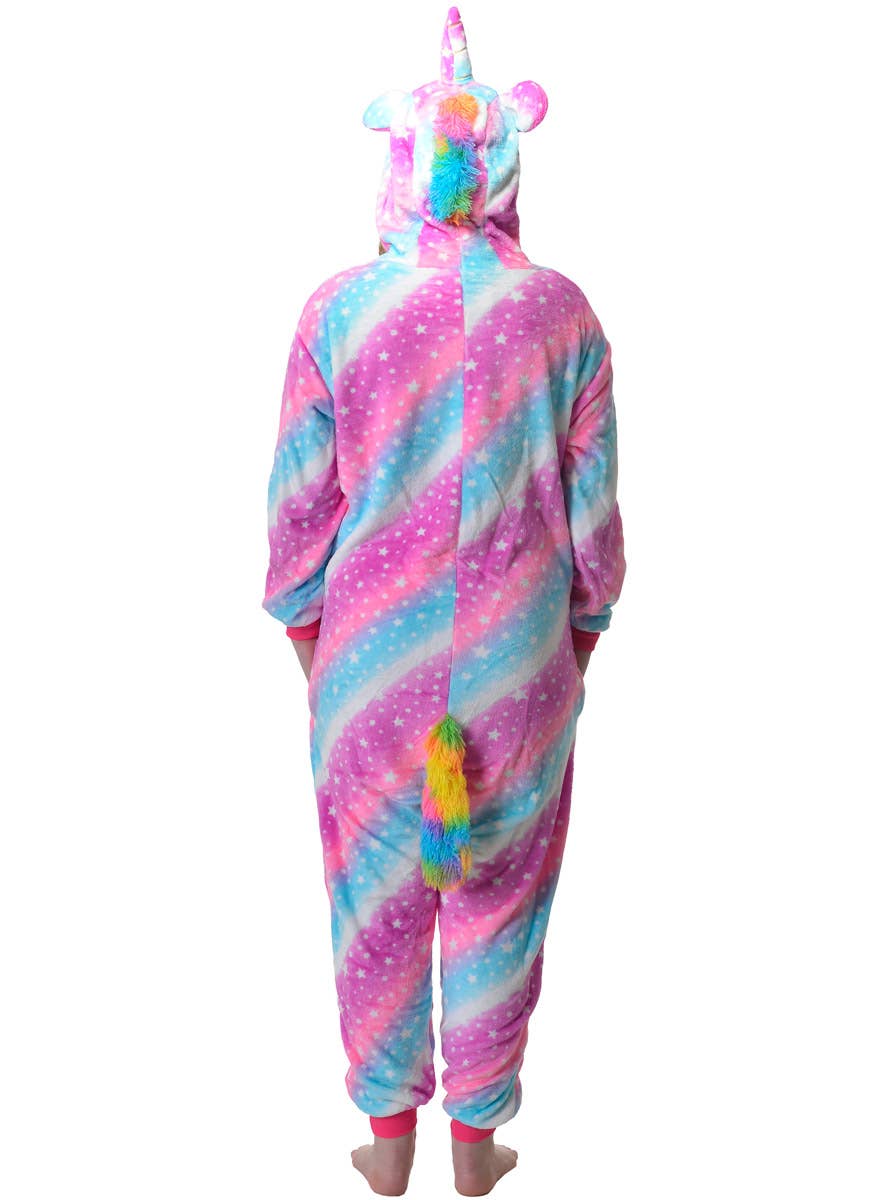 Image of Starry Pink and Blue Striped Unicorn Adults Costume Onesie - Back View