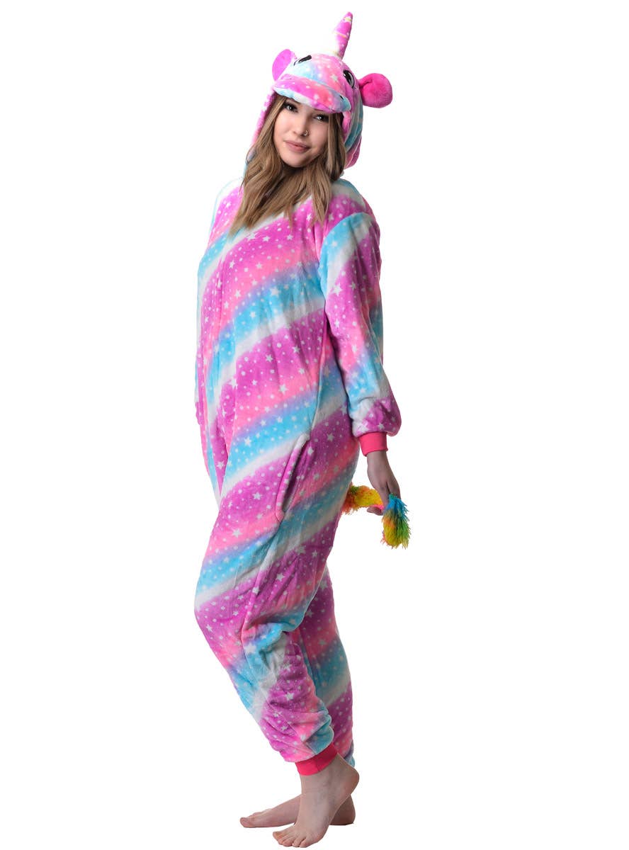 Image of Starry Pink and Blue Striped Unicorn Adults Costume Onesie - Side View