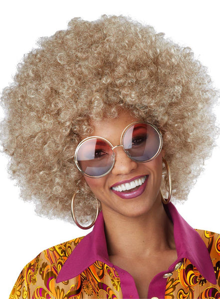 Women's 1970's Foxy Lady Curly Blonde Afro Costume Wig - Main Image