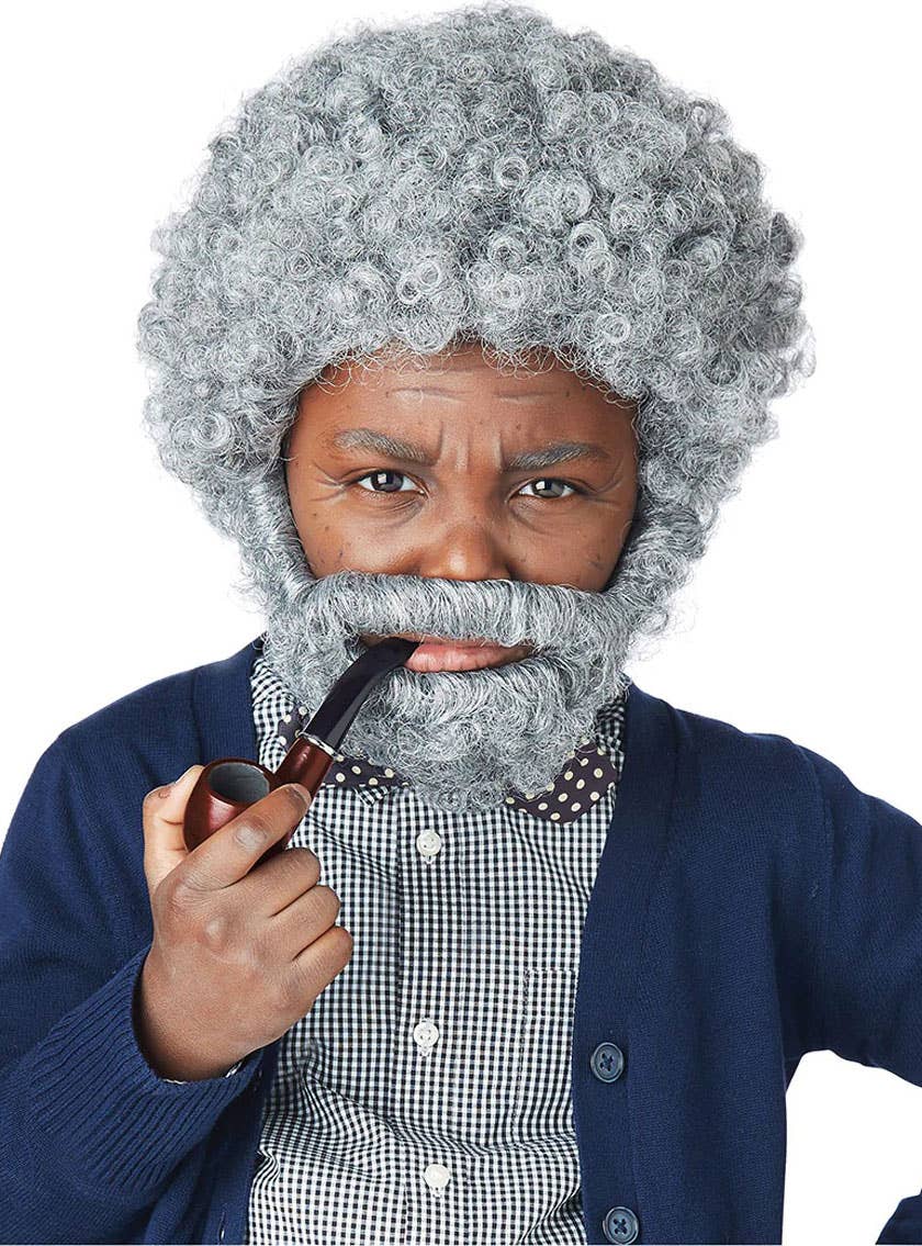 Image of Old Man Boy's Curly Grey Grandpa Wig and Beard Set