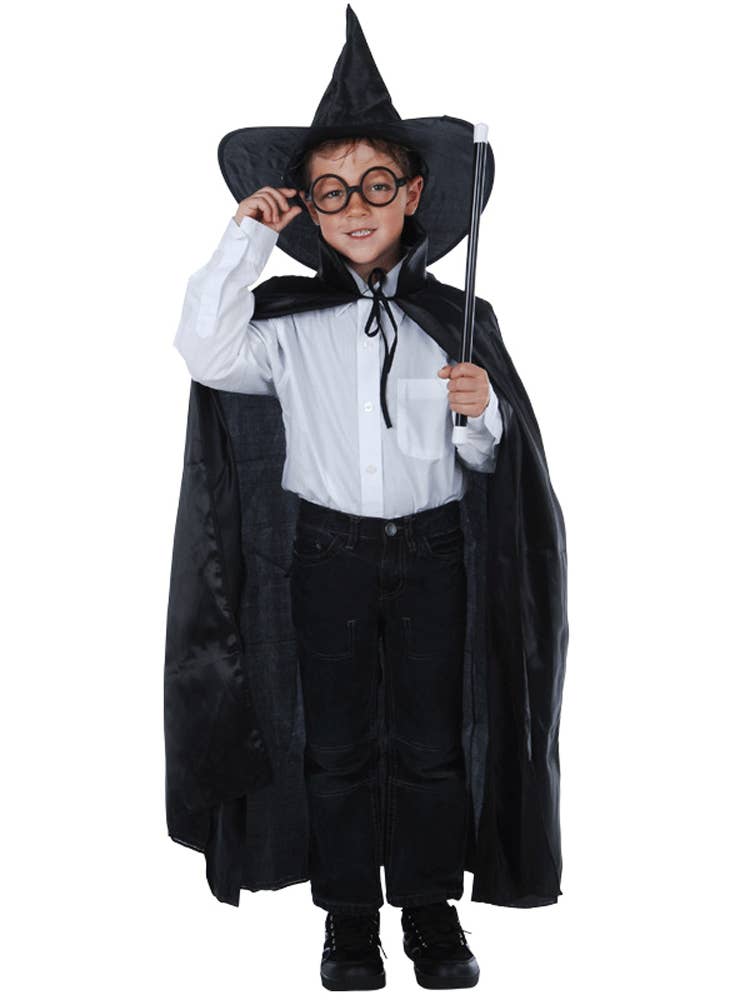 Boy's Wizard Black Cape and Hat Fancy Dress Costume