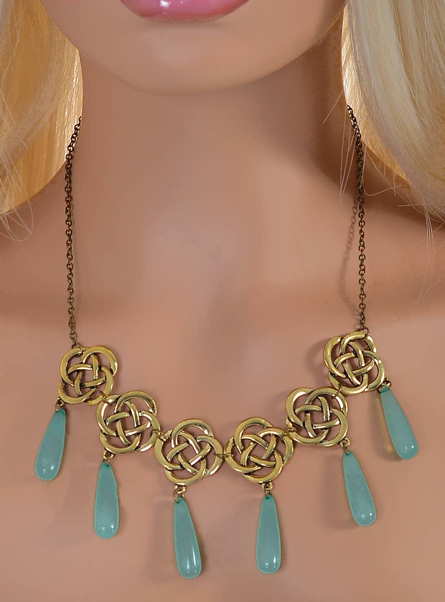 Image of Celtic Brass Look Costume Necklace with Teal Stones - Alternate Image