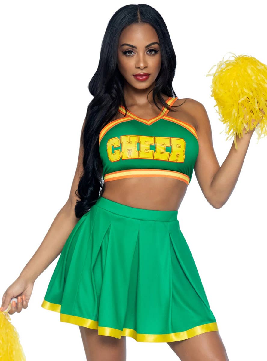 Image of Bring it Baddie Women's Sexy Green Cheerleader Costume - Close Front View