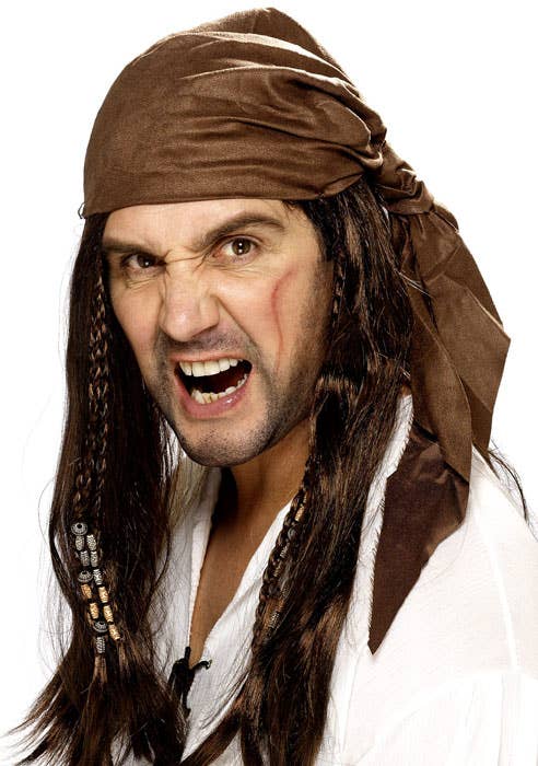 Long Straight Brown Men's Pirate Costume Wig with Attached Bandana and Beaded Details