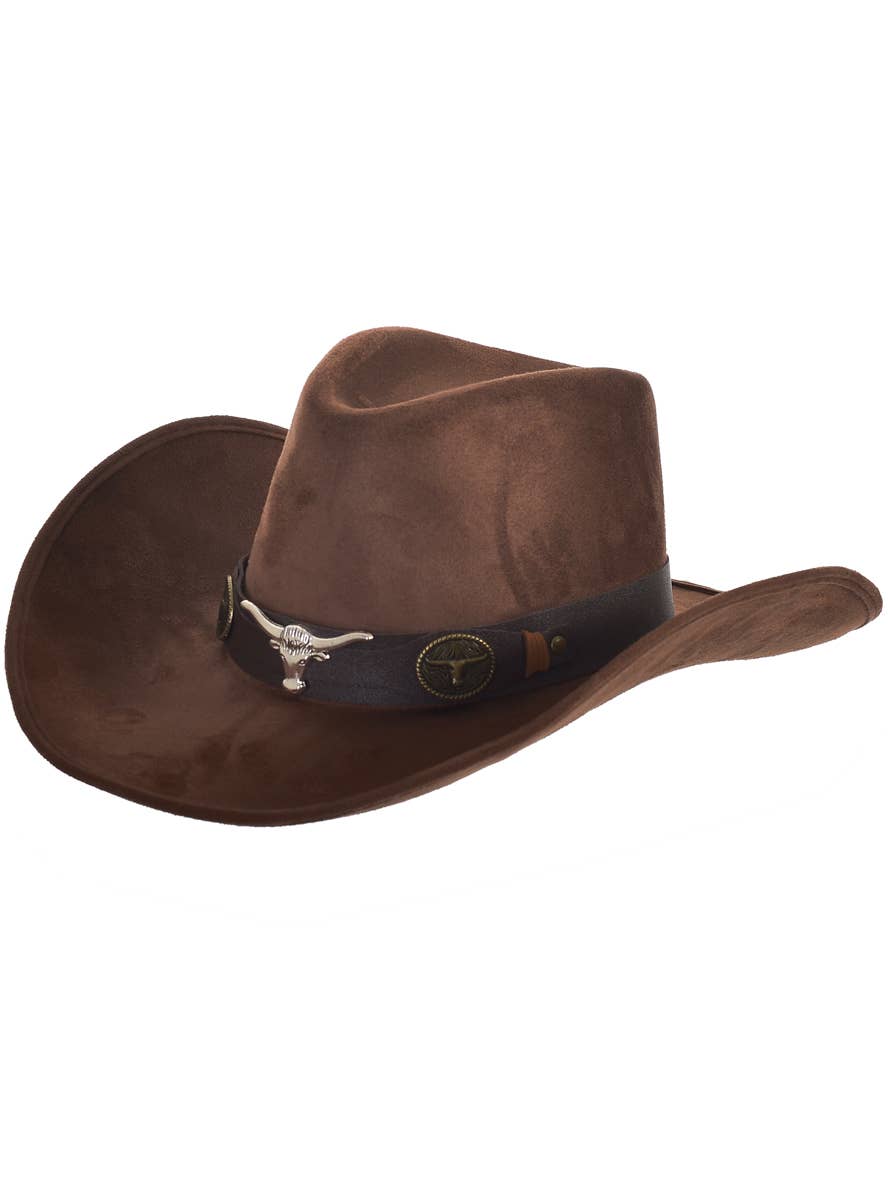 Image of Rodeo Brown Faux Suede Cowboy Hat with Bull Embellishments - Main Image