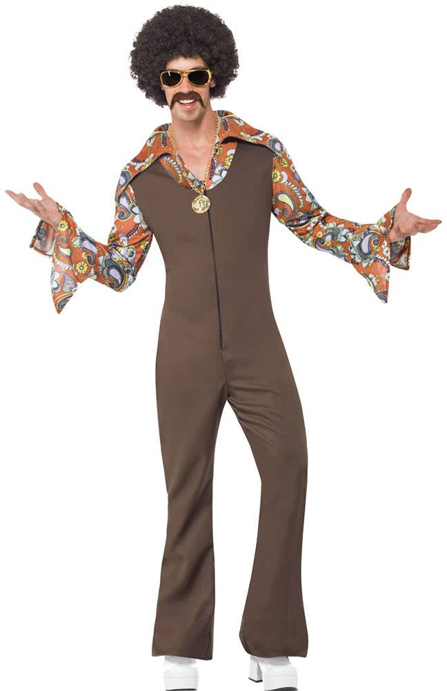 Men's 1970's Groovy Brown Hippie Jumpsuit Costume Main Image